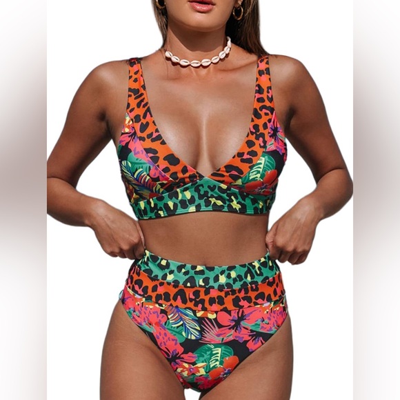 Women's Leopard Bikini Swimsuits V Neck High Waisted 2 Piece Bathing Suits - Picture 1 of 6